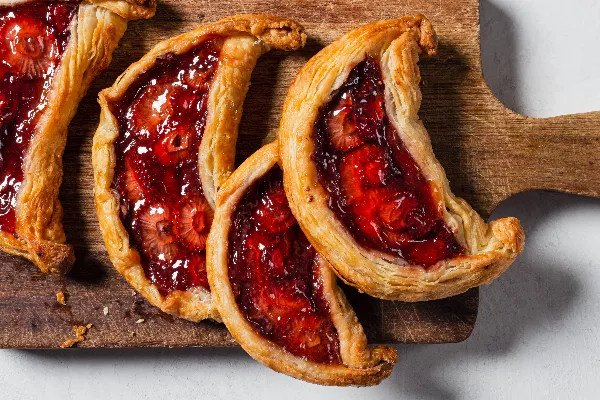 Four strawberry date galette crescents on a wooden cutting board