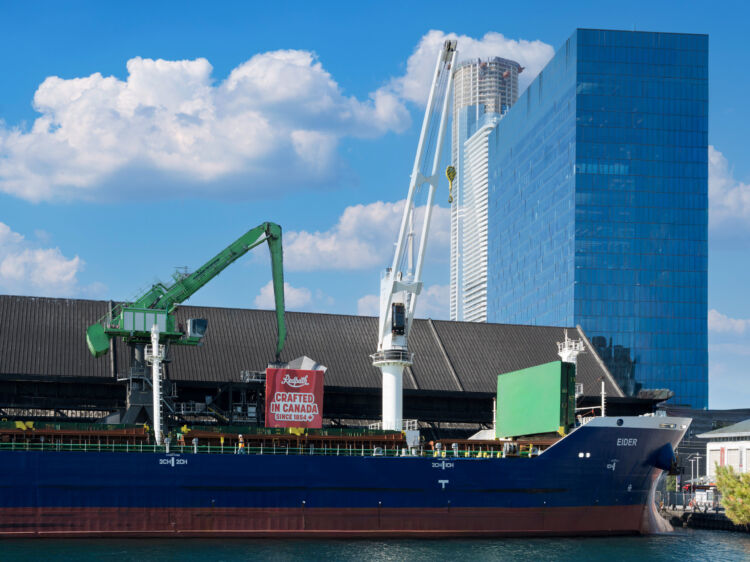Cargo ship being unloaded at Redpath waterfront facility