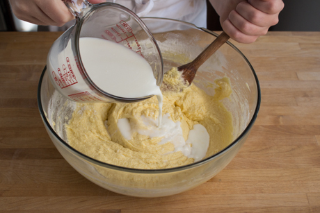 6. Add the dry ingredients to the butter and sugar ingredients alternatively with the buttermilk. Making three additions of dry ingredients and three of buttermilk.