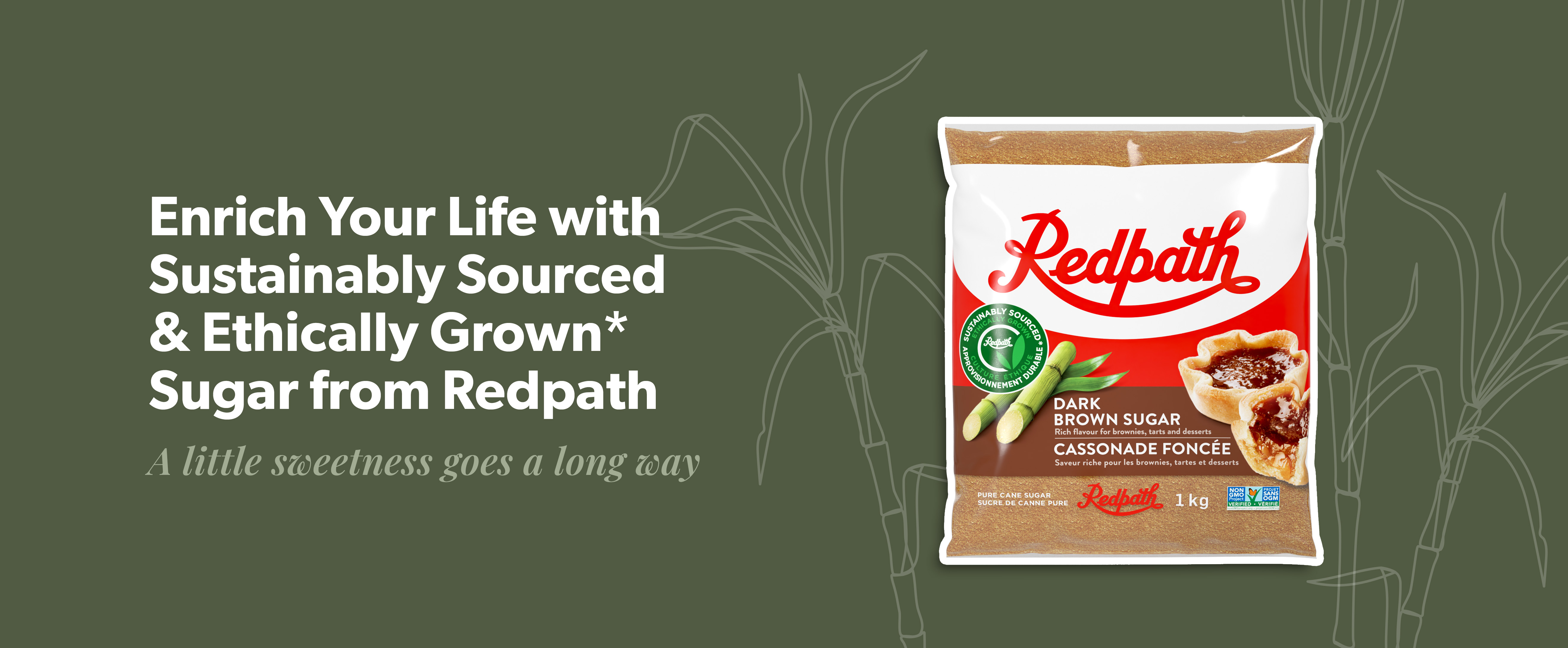 A bag of Redpath Dark Brown Sugar with text A little sweetness goes a long way
