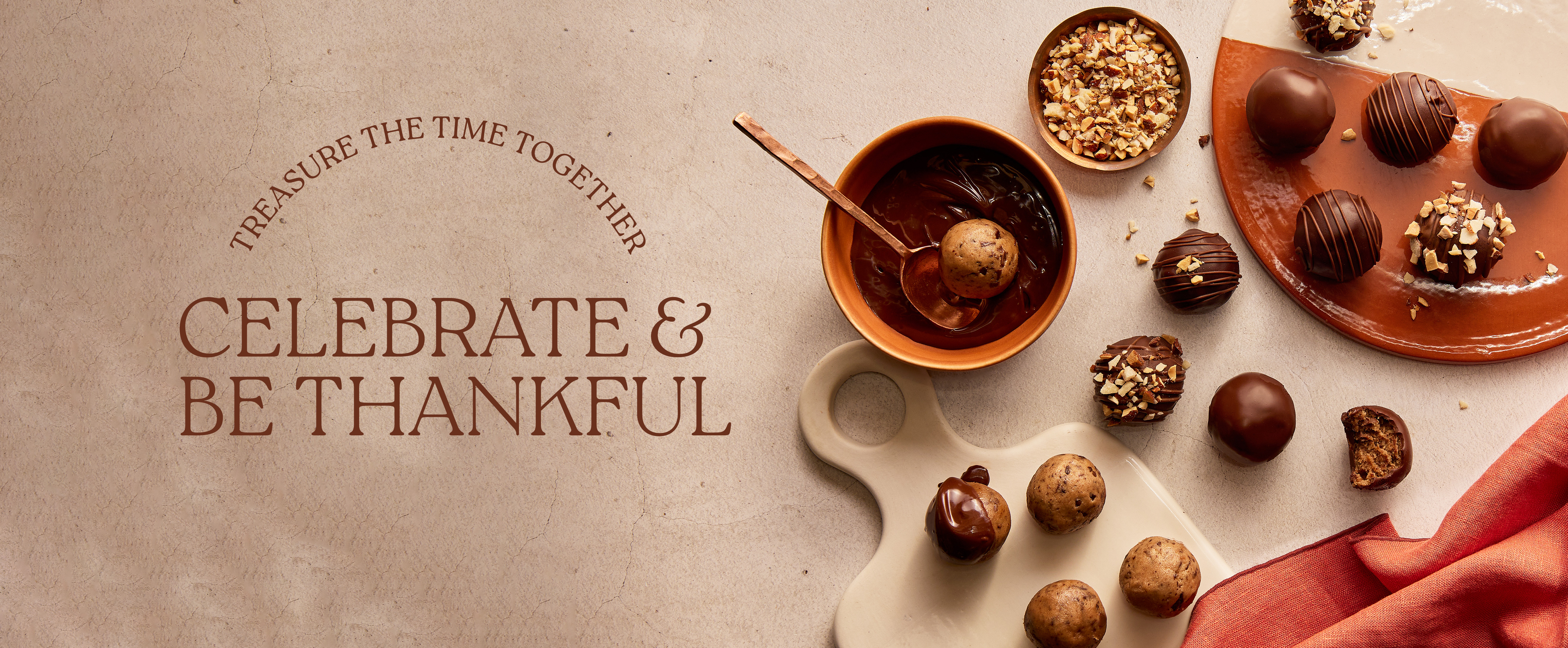 Chocolate-dipped cookie bites with text Celebrate and Be Thankful - Treasure the time together