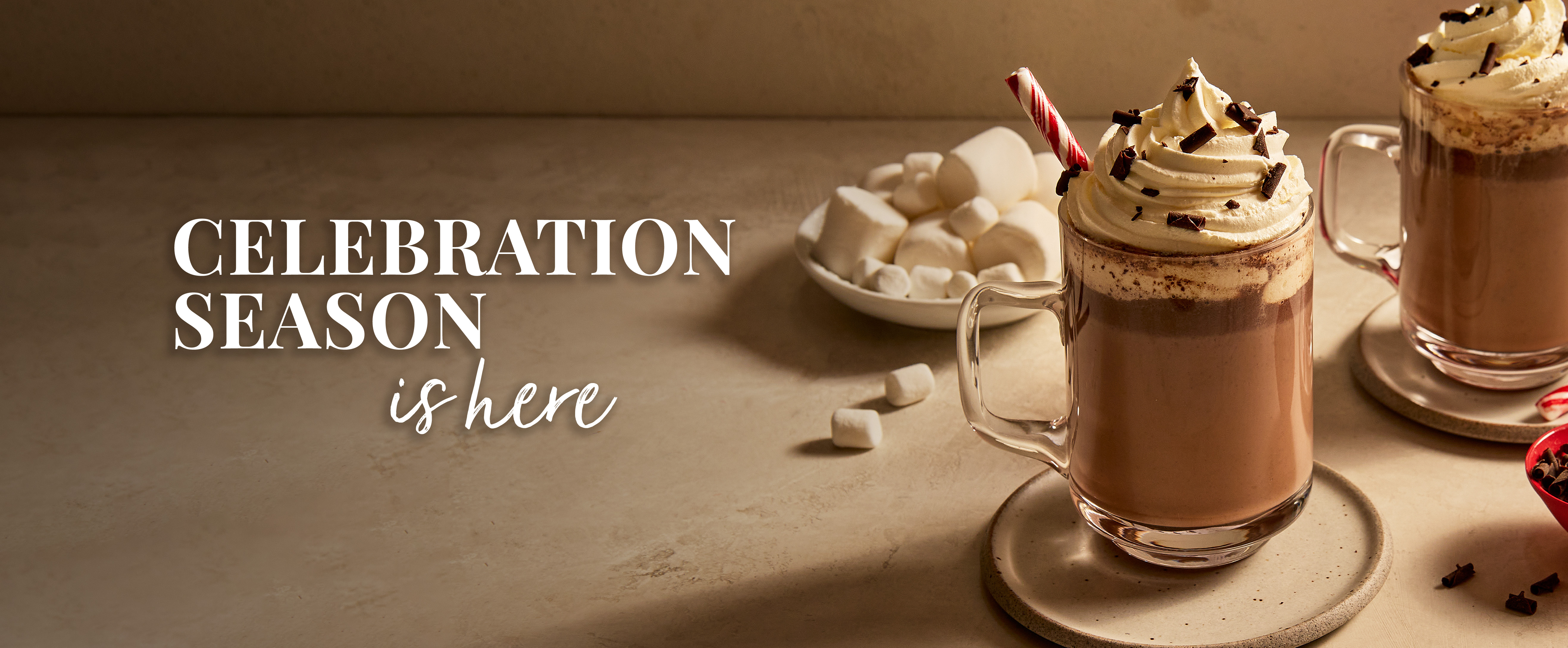 Vanilla Hot Chocolate with text Celebration Season is Here