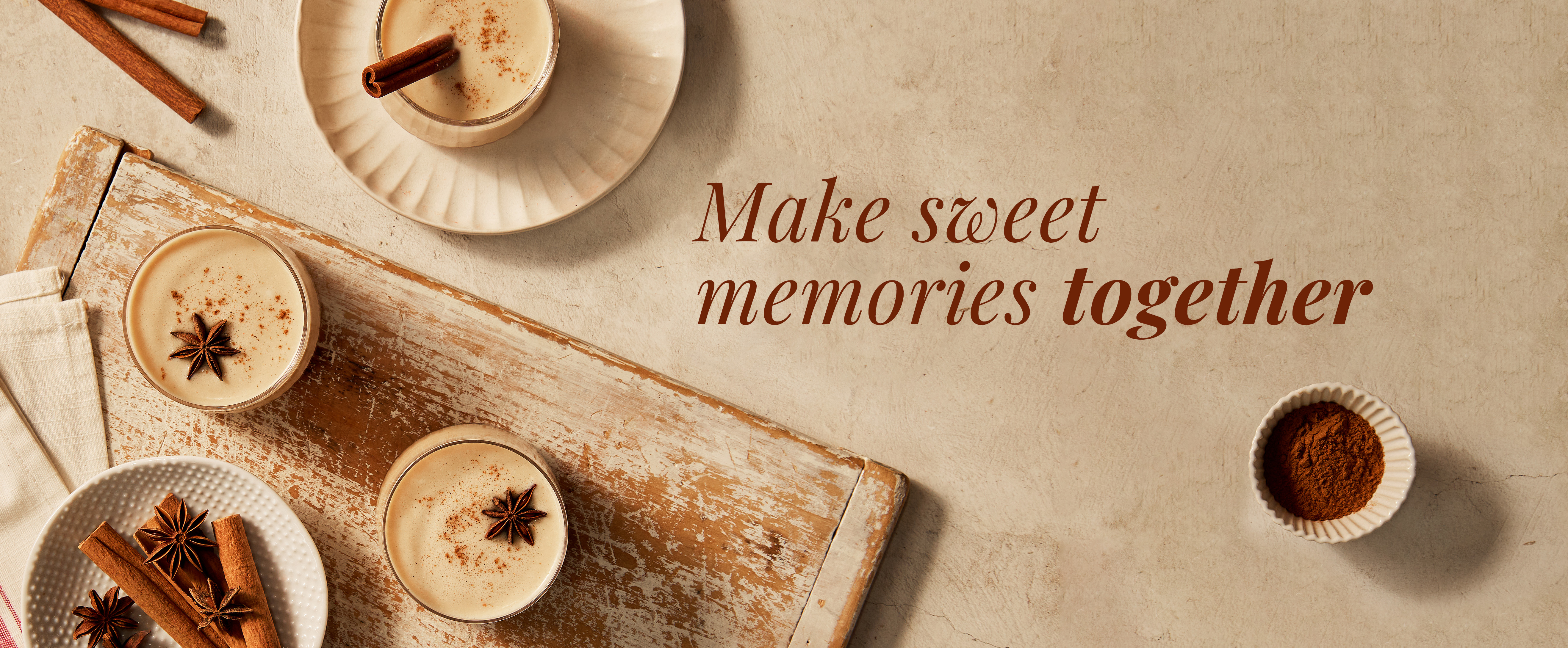Eggless eggnog coquito with text Make Sweet Memories Together