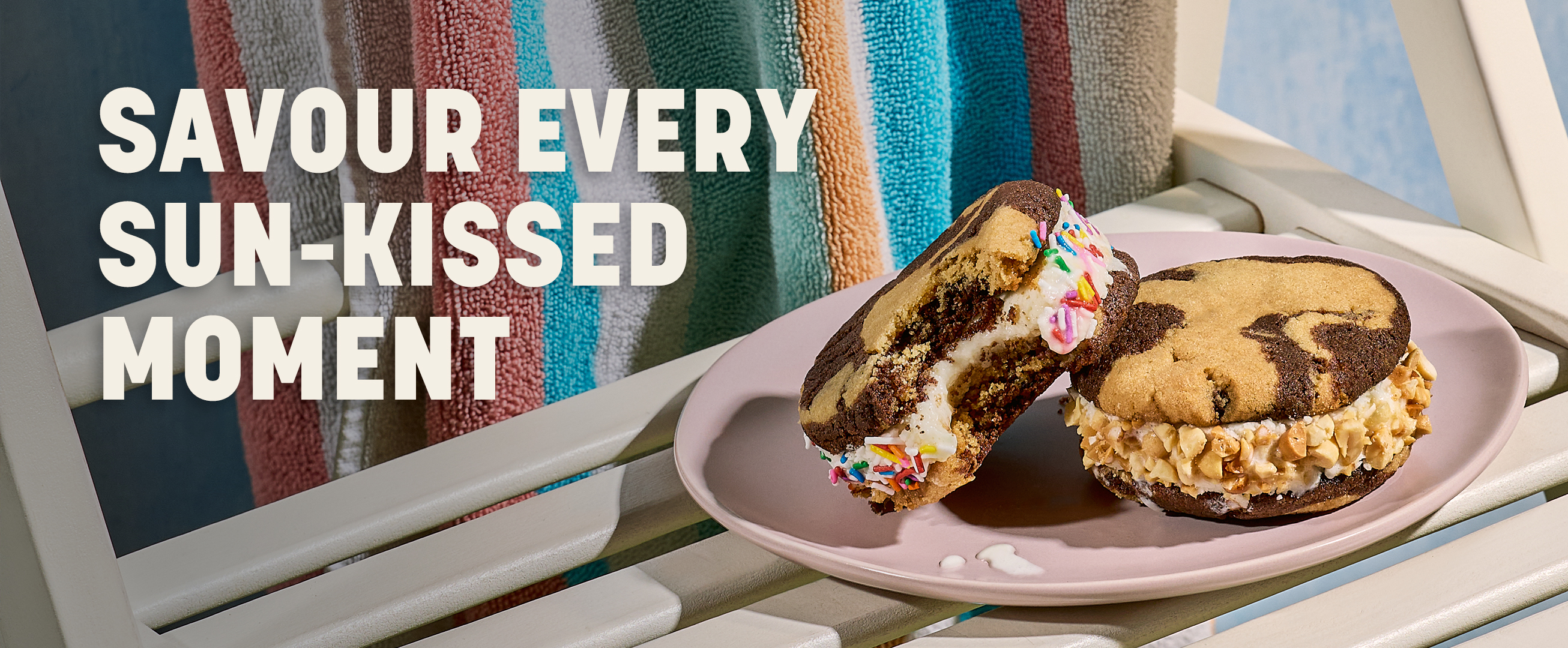 Peanut Butter Chocolate Ice Cream Sandwiches with text Savour every sun-kissed moment