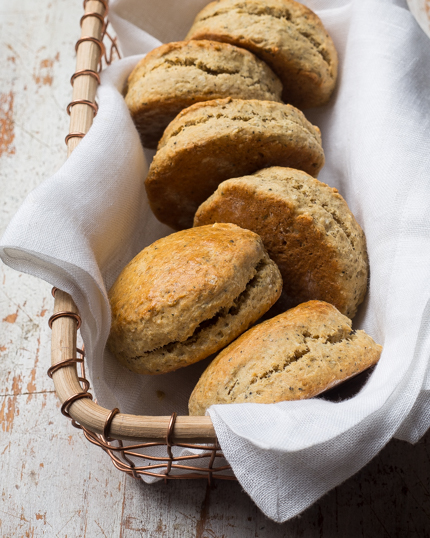 A basket of scones, cut for serving