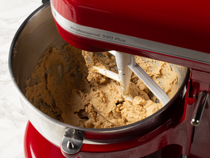 Creamed butter and brown sugar in a stand mixer bowl