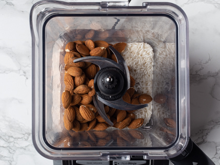 Unprocessed almonds and rice in a blender