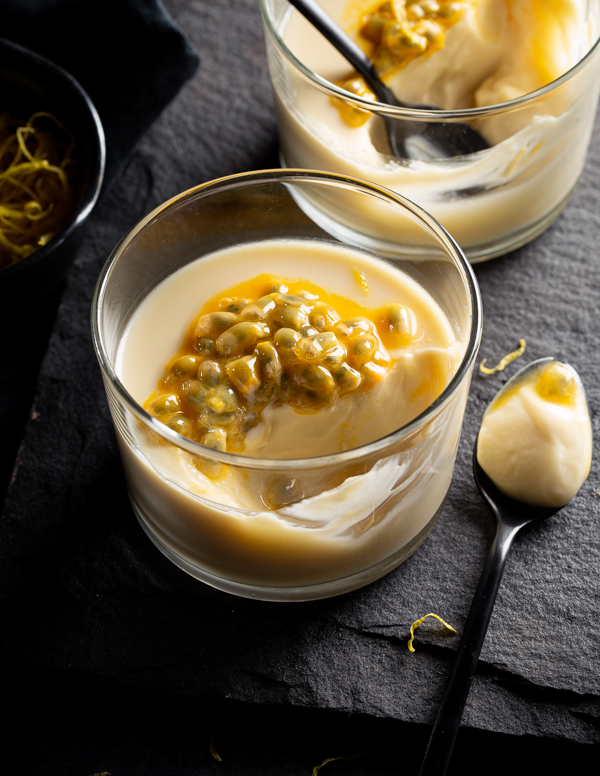 Two servings of Lemon Chamomile Posset in glass dishes