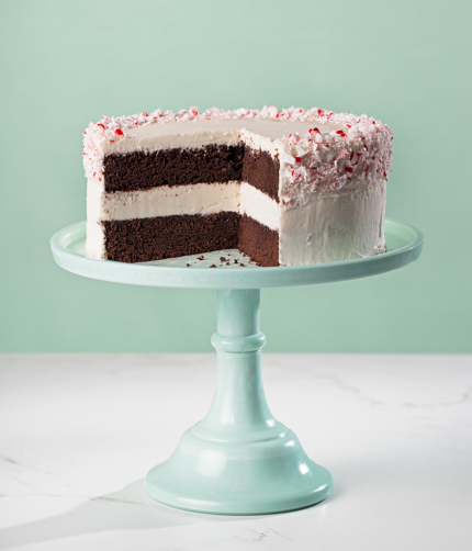 Peppermint Chocolate Layer Cake on blue cake plate