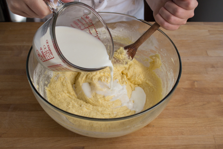 6. Add the dry ingredients to the butter and sugar ingredients alternatively with the buttermilk. Making three additions of dry ingredients and three of buttermilk. 