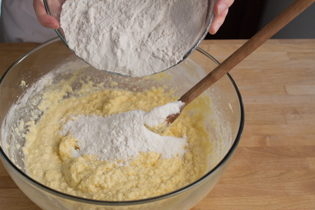 6. Add the dry ingredients to the butter and sugar ingredients alternatively with the buttermilk. Making three additions of dry ingredients and three of buttermilk.