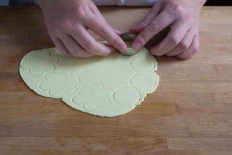12. To make a cut-out for the teapot that will be placed on the cupcake roll a larger piece of fondant out and cut shapes with your favourite cookie cutter.