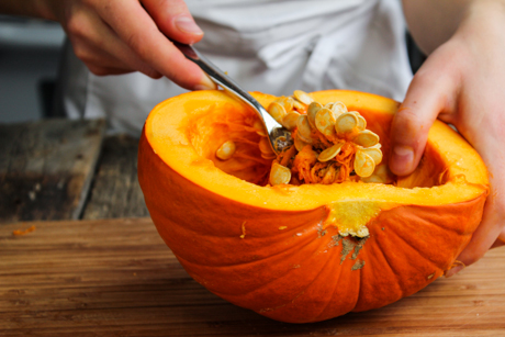  2. Collect pumpkin seeds from inside a pumpkin. Pat dry with a paper towel. Don’t fret if there is a little but of pumpkin goo on the seeds it will add additional flavour. 