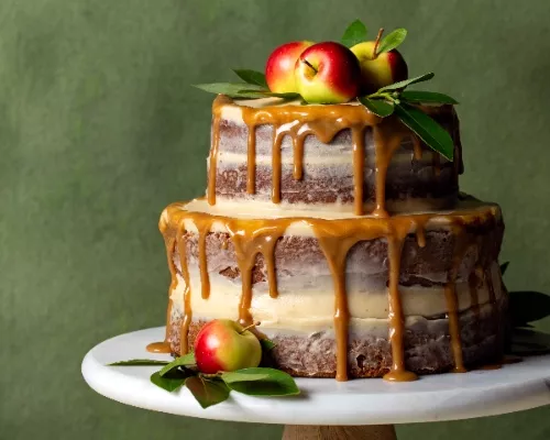 Tier apple spice naked cake on a cake tray with apples and a green backdrop