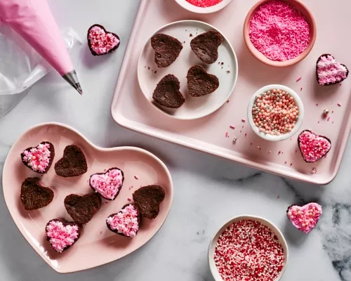 Heart-shaped Double Chocolate Brownie Bites on a marble counter, show with a piping bag of pink icing.