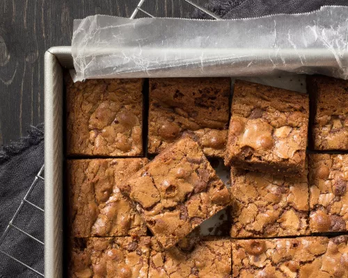 Milk Chocolate Malt Brownies in a baking dish