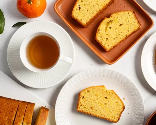 Slices of orange pound cake on plates with a cup of tea and an orange
