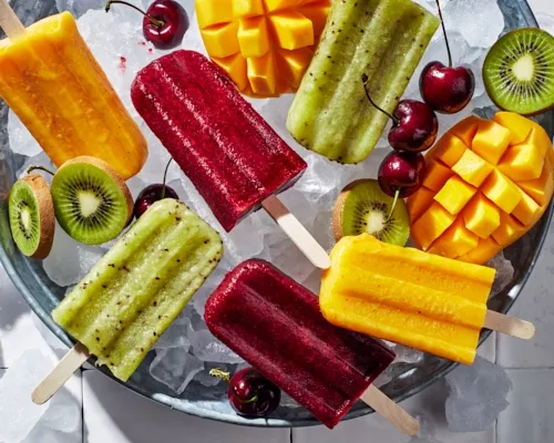 A variety of frozen fruit paletas in a bucket of ice served with kiwis, cherries, and mangoes