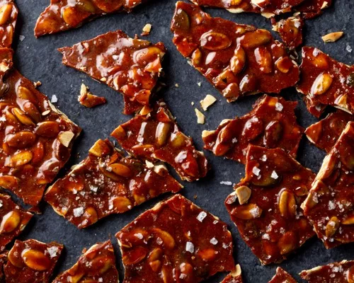 Broken pieces of pumpkin seed brittle on a dark background