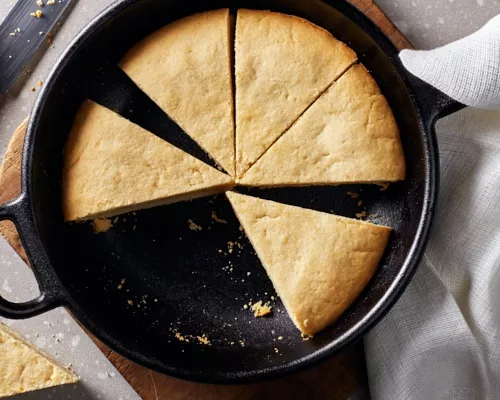 Sugar cookie cut into wedges in a skillet