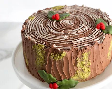 yule log stump cake on a cake plate