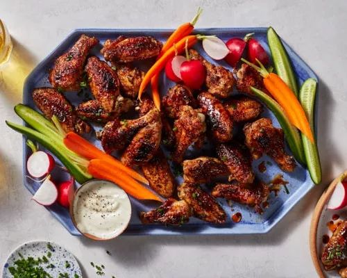 A platter of sweet and spicy grilled chicken wings served with raw vegetables, dip, and sparkling beverages