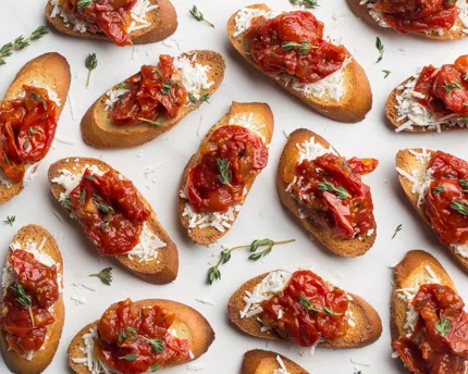 Crostini with tomato jam artfully displayed with fresh herbs