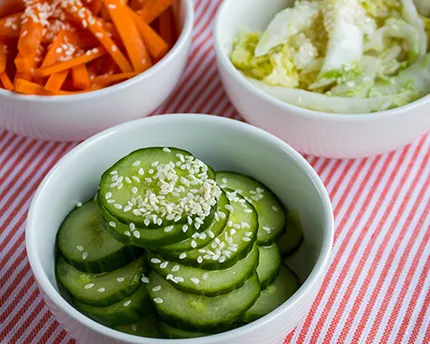 Pickled cucumber, carrots and napa cabbage with Japanese pickling liquid