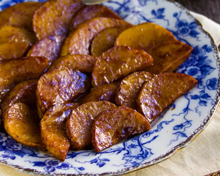 Easy Brown Sugar Glazed Squash on a blue and white plate