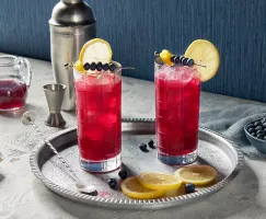 Two highball glasses of blueberry whisky fizz on ice garnished with lemon wheels and skewers of blueberries, shown on a silver platter with a cocktail shaker, jigger, stir stick, a pitcher of simple syrup, and bowls of brown sugar and blueberries.