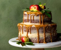 Tier apple spice naked cake on a cake tray with apples and a green backdrop