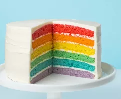 Several layers of colored cake on a cake stand