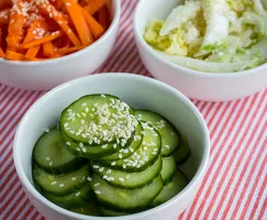 Pickled cucumber, carrots and napa cabbage with Japanese pickling liquid