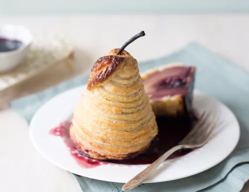 Red Wine Poached Pears in Puff Pastry